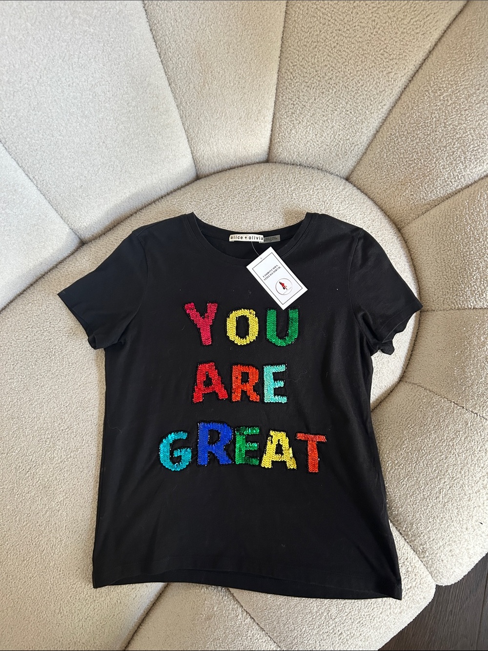 Alice + Olivia Black Short-Sleeve Sequin 'YOU ARE GREAT' Tee
